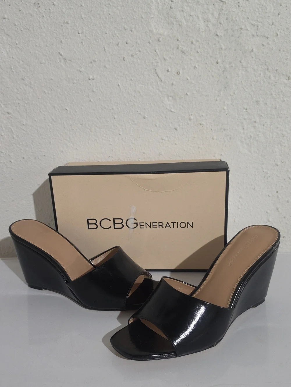 BCBGeneration Giani Black Patent Wedge Mules Sz. 8.5